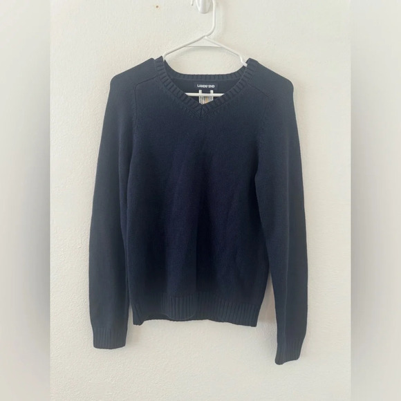 Lands End Girls Navy Ribbed Fisherman Knit Classic Sweater NWT Size M 10/12 - Picture 1 of 8